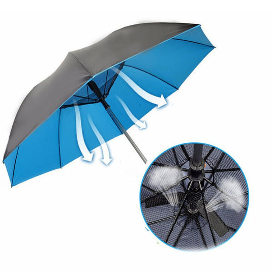 Premium Lifestyle Products fan umbrella with a fan-shaped canopy, designed for wellness and outdoor protection.