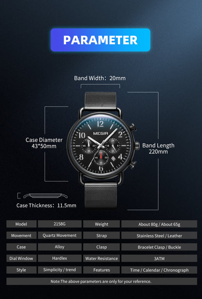 MEGIR Fashion Mens Watches Luxury Sport Quartz Wrist Watch Steel Mesh Business Casual Watches Calendar Leather Band Man Clock 2158
