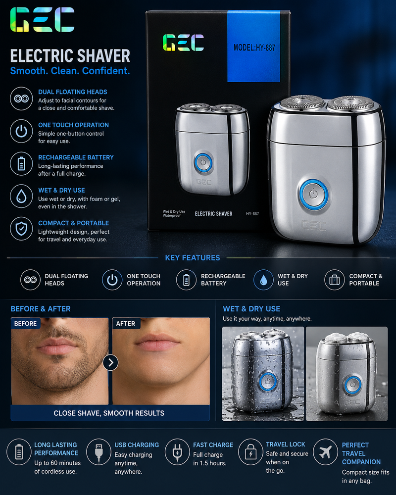 Mini men electric shaver by Premium Lifestyle Products with close-up view of sleek, compact design and shaving foil.