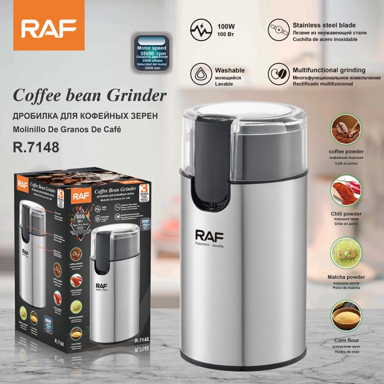 Electric coffee bean grinder from Premium Lifestyle Products, showing stainless steel burrs and compact design for fresh coffee prep.