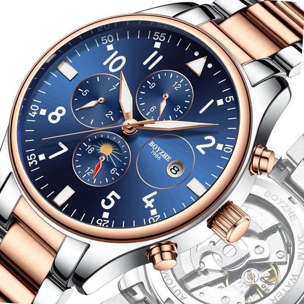 Automatic mechanical men's watch with stainless steel strap from Premium Lifestyle Products, showcasing a sleek, stylish timepiece.