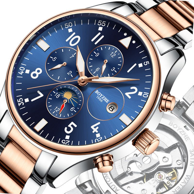 Automatic mechanical men's watch with stainless steel strap from Premium Lifestyle Products, showcasing a sleek, stylish timepiece.