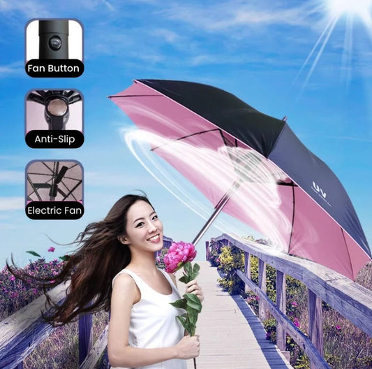 Wellness fan umbrella by Premium Lifestyle Products, showing its lightweight, foldable design with a fan-shaped umbrella in vibrant colors.