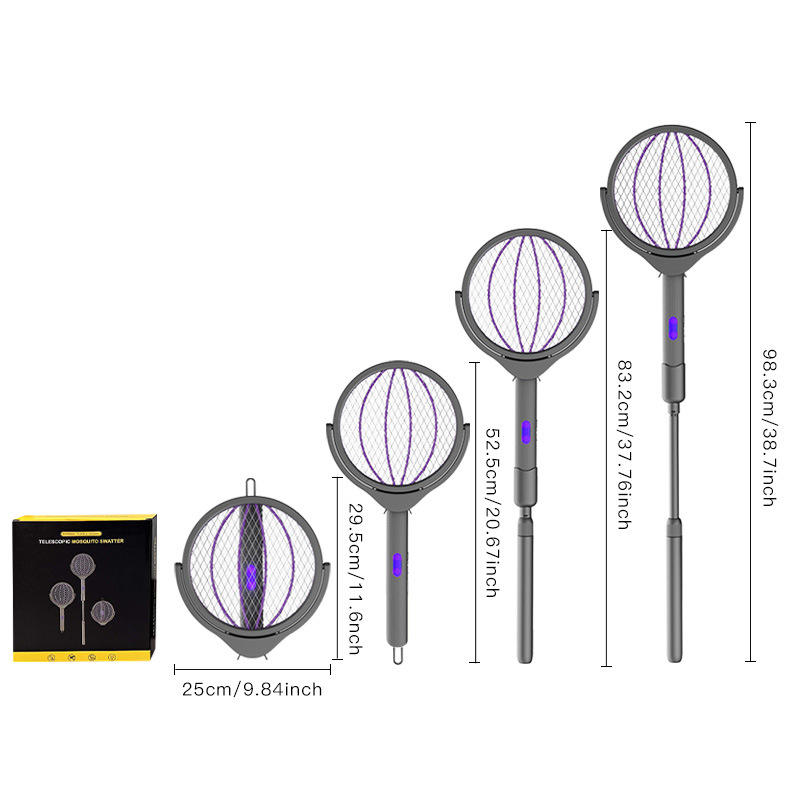 Premium Lifestyle Products telescopic mosquito swatter racket with extendable handle and mesh head for bug zapping.