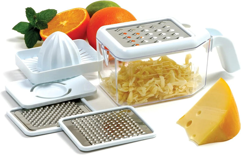 Premium Lifestyle Products 5-in-1 Multi-Grater with Juicer showing multiple grating surfaces and a juicing attachment on a countertop.