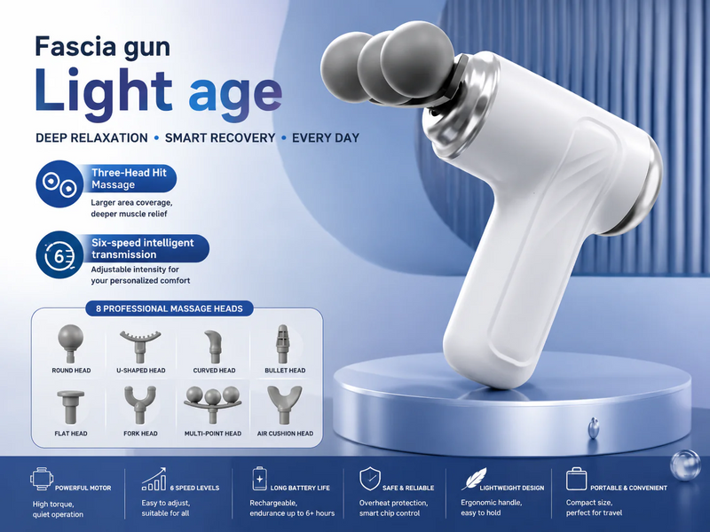 Premium Lifestyle Products Light Age Fascia Massage Gun with ergonomic handle and multiple attachment heads for muscle relief.