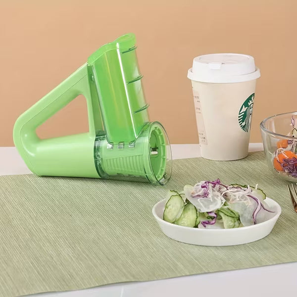 Electric vegetable chopper from Premium Lifestyle Products with stainless steel blades and clear container for easy vegetable prep.