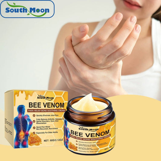 South Moon Bee Venom Pain Relief Soothing Cream jar, featuring the product label and cream, for natural skincare and pain relief.