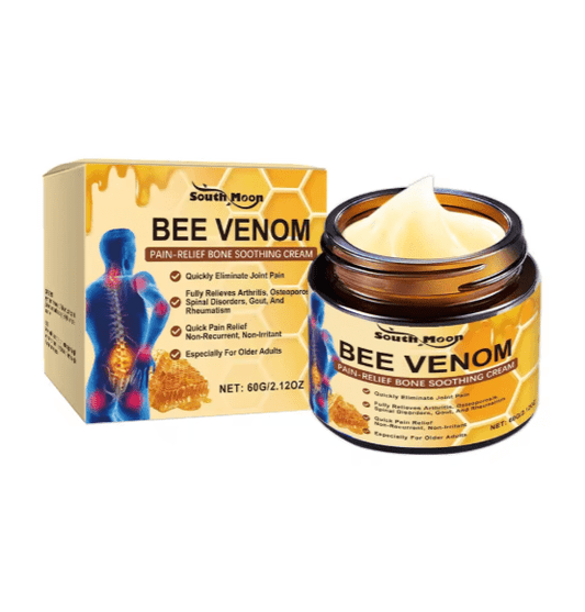 South Moon Bee Venom Pain Relief Soothing Cream jar, natural skincare product in a white container with a white lid.